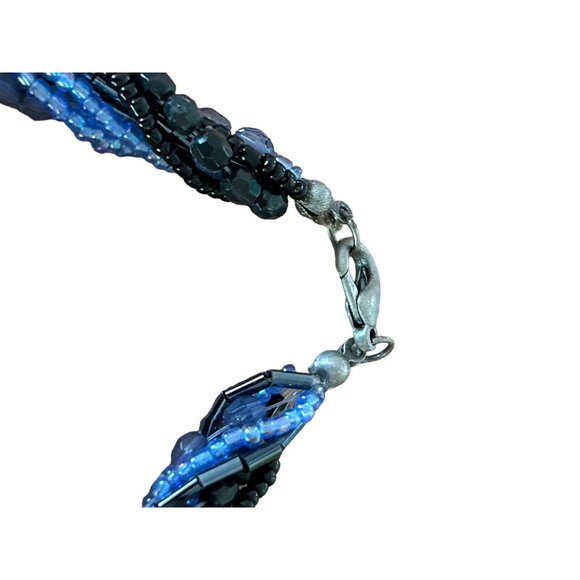 Multi Strand Blue Shades Seed Beads ReMovable Ring Necklace with Blue Stones 15” - Picture 4 of 7
